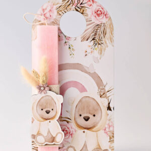 Πασχαλινή λαμπάδα με ροζ αρκουδάκι & ξύλινη διακοσμητική πλάτη