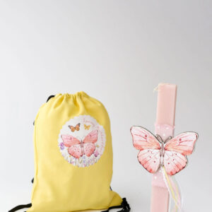 Λαμπάδα με ξύλινη πεταλούδα & κίτρινο σακίδιο πλάτης